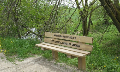 Bench with etching: Honouring Henry Regier, U of Toronto, Order of Canada